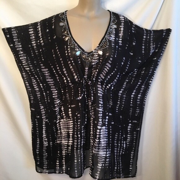 Ellen Weaver Black & Gray Sheer Embellished Boho Tunic Top XL - Picture 1 of 7